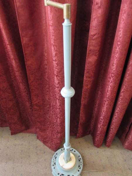 ANTIQUE ART DECO CAST IRON FLOOR LAMP WITH MARBLE BASE ACCENT & BRASS SWING ARM
