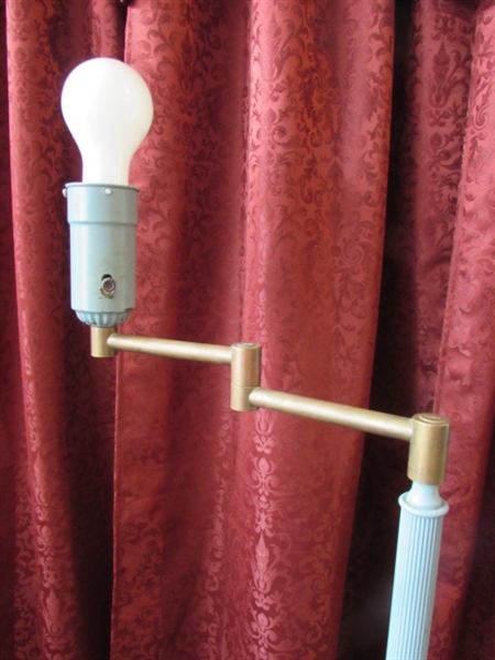 ANTIQUE ART DECO CAST IRON FLOOR LAMP WITH MARBLE BASE ACCENT & BRASS SWING ARM