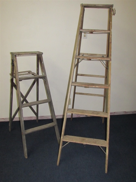 TWO RUSTIC WOODEN LADDERS TURN THEM INTO UNIQUE BOOK SHELVES