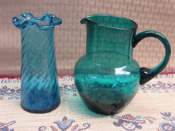 GORGEOUS GREEN CARNIVAL GLASS CANDY DISH, SWIRL GLASS VASE, AQUA PITCHER & MORE