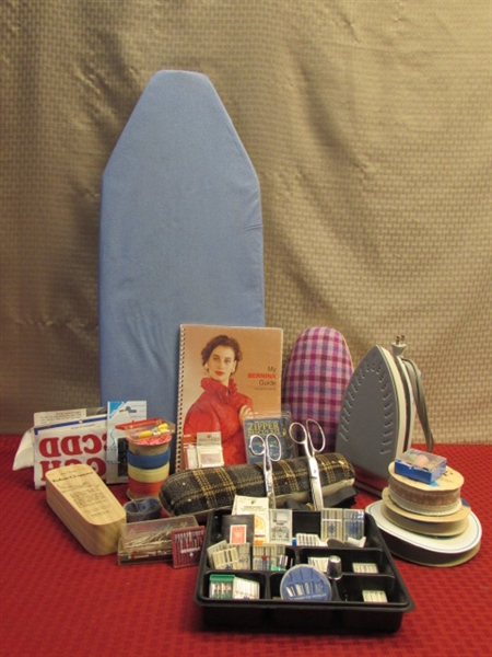 SEW MANY GOODIES!  IRONING BOARD, STEAM IRON, WISS SCISSORS, OODLES OF NEEDLES, TAILOR CLAPPER, RIBBON & MORE