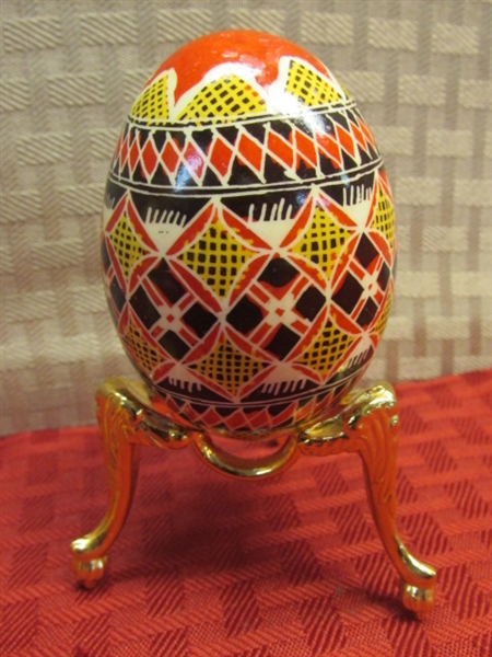 PYSANKY UKRAINIAN PAINTED EGG W/ STAND & BULGARIAN HAND CARVED WOOD PERFUME BOTTLE WITH PERFUME