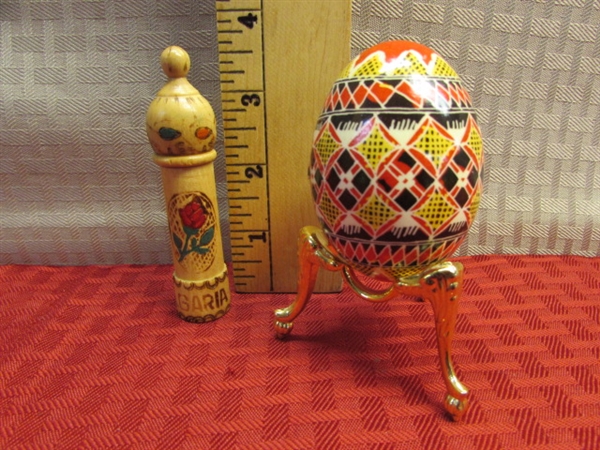 PYSANKY UKRAINIAN PAINTED EGG W/ STAND & BULGARIAN HAND CARVED WOOD PERFUME BOTTLE WITH PERFUME