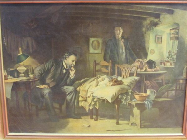 HAUNTING VINTAGE PRINT OF A DOCTOR ATTENDING SICK CHILD IN BEAUTIFUL WOOD FRAME