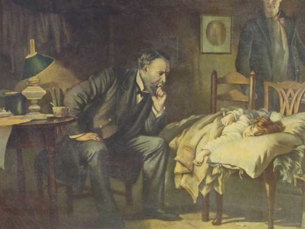 HAUNTING VINTAGE PRINT OF A DOCTOR ATTENDING SICK CHILD IN BEAUTIFUL WOOD FRAME