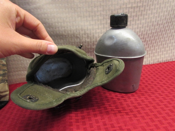 WWII 1945 MILITARY ISSUE CANTEEN W/COVER, 3 NEW FLEXFORM FACE MASKS, PONCHOS, HAND WARMER & MORE