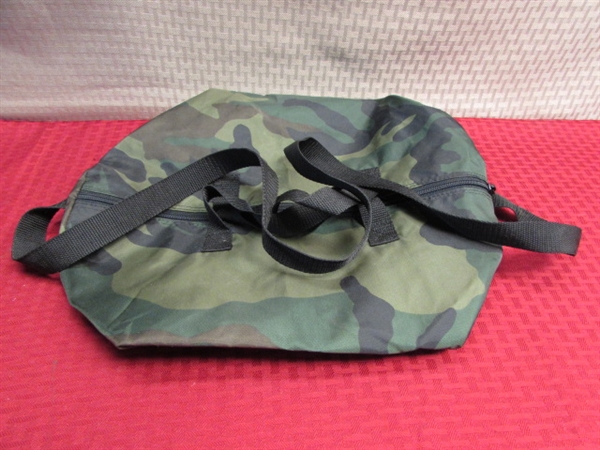 WWII 1945 MILITARY ISSUE CANTEEN W/COVER, 3 NEW FLEXFORM FACE MASKS, PONCHOS, HAND WARMER & MORE