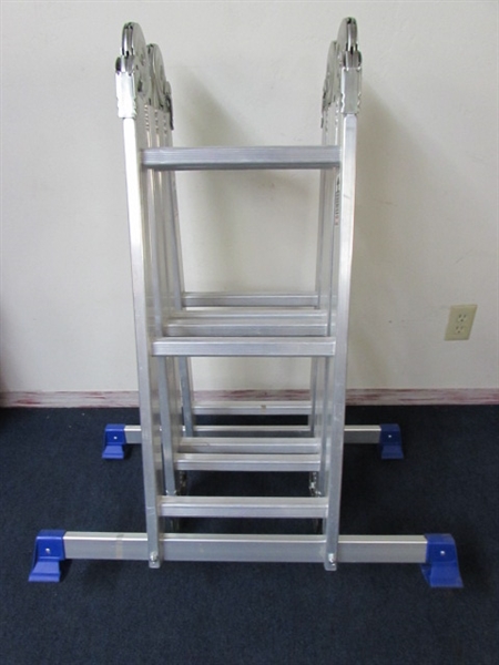 LIKE NEW MULTI POSITION LADDER WITH SCAFFOLDING PLATES