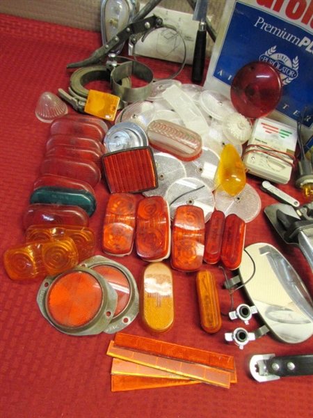 NEW OIL & AIR FILTERS, LOADS OF REFLECTORS & LAMPS, VINTAGE AC ELECTRIC FUEL PUMP, BATTERY TESTER & LOTS MORE