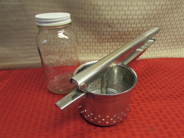 FUN VINTAGE KITCHEN-WOOD RECIPE BOX, ALUMINUM MEASURING CUP &  FUNNEL, RICER, GLASS BOTTLES & MORE