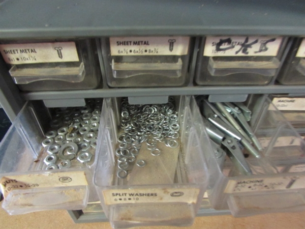TWO 25 DRAWER HARDWARE ORGANIZERS WITH HARDWARE