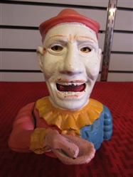 NO JOKING! THIS GUY WILL EAT YOUR MONEY CAST IRON JESTER/CLOWN MECHANICAL BANK