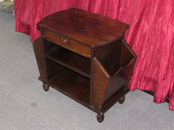 ALL WOOD SIDE TABLE WITH ROOM FOR MAGAZINES, BOOKS AND A DRAWER FOR YOUR READING GLASSES!