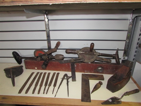 AWESOME COLLECTION OF OLD CARPENTER'S TOOLS- BLOCK PLANE, LEVEL, KNEE DRILLS & MORE
