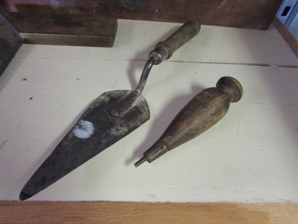 AWESOME COLLECTION OF OLD CARPENTER'S TOOLS- BLOCK PLANE, LEVEL, KNEE DRILLS & MORE