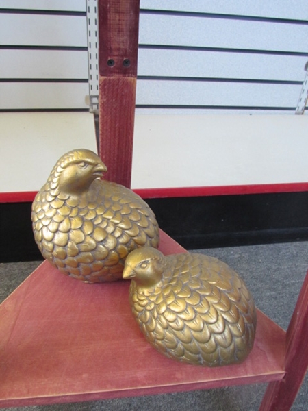 THREE TIER PLANT OR KNICK KNACK STAND WITH 2 BRONZE FINISH PARTRIDGE FIGURINES