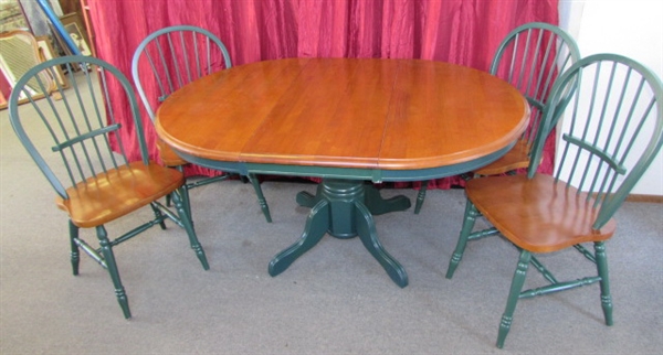 CHARMING COUNTRY STYLE PIER ONE IMPORTS FOREST GREEN ACCENTED TABLE WITH LEAF & FOUR CHAIRS