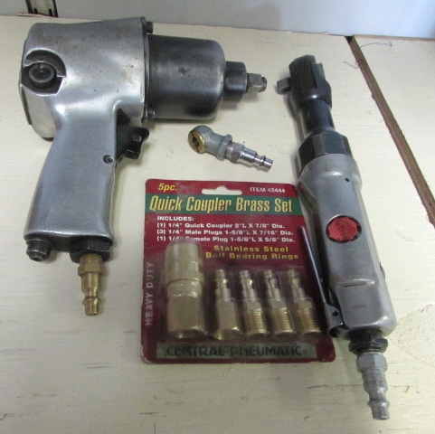 PNEUMATIC NAPA IMPACT WRENCH, CRAFTSMAN AIR RATCHET, BRASS COUPLERS & TIRE PUMP ATTACHMENT