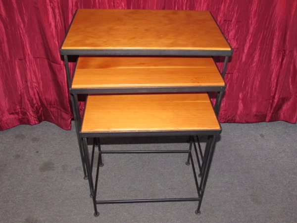 TRIO OF WROUGHT IRON & WOOD NESTING TABLES