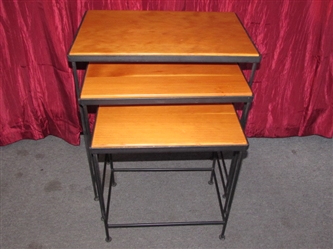 TRIO OF WROUGHT IRON & WOOD NESTING TABLES