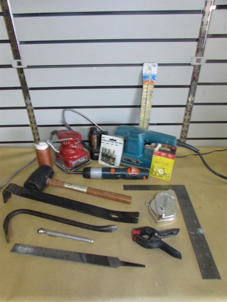 TOOL MANIA-TWO MAKITA FINISHING SANDERS, DRILL, VINTAGE OIL CAN, PRY BARS & MORE