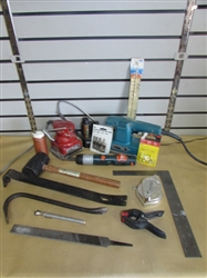 TOOL MANIA-TWO MAKITA FINISHING SANDERS, DRILL, VINTAGE OIL CAN, PRY BARS & MORE