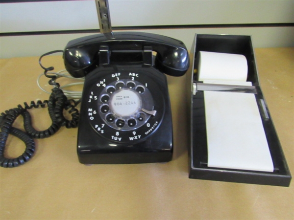 DIAL BACK TIME WITH A RETRO BLACK ROTARY DIAL DESK PHONE & VINTAGE DUPLICATE NOTE MEMO ROLLER