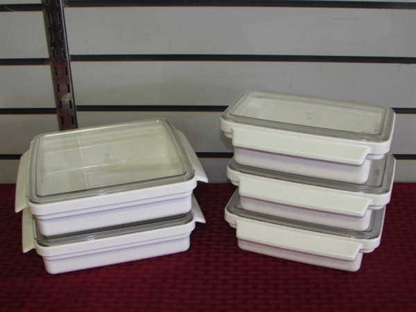 FIVE NEW/LIKE NEW MICROWAVE/OVEN SAFE COVERED DISHES