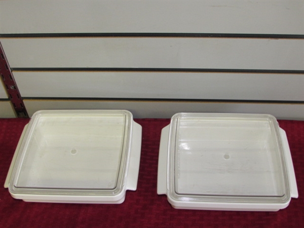 FIVE NEW/LIKE NEW MICROWAVE/OVEN SAFE COVERED DISHES