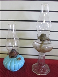 RARE UNIQUE & ANTIQUE 1800S ROBINS EGG BLUE GLASS OIL LAMP WITH & CLEAR GLASS OIL LAMP