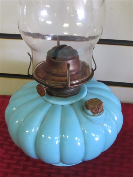 RARE UNIQUE & ANTIQUE 1800'S ROBINS EGG BLUE GLASS OIL LAMP WITH & CLEAR GLASS OIL LAMP