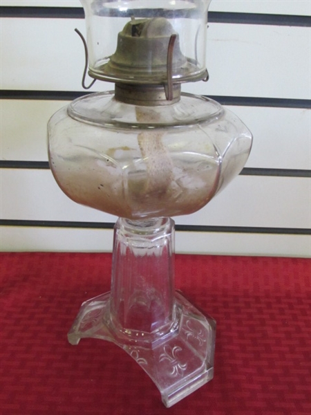 RARE UNIQUE & ANTIQUE 1800'S ROBINS EGG BLUE GLASS OIL LAMP WITH & CLEAR GLASS OIL LAMP