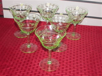CHAMPAGNE OR SHERBERT, DOESNT MATTER WHEN IN THESE VASELINE GLASS ETCHED STEMWARE!