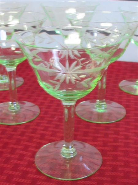 CHAMPAGNE OR SHERBERT, DOESN'T MATTER WHEN IN THESE VASELINE GLASS ETCHED STEMWARE!