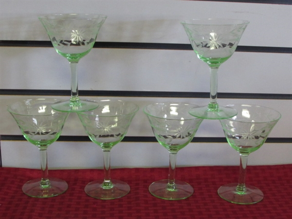 CHAMPAGNE OR SHERBERT, DOESN'T MATTER WHEN IN THESE VASELINE GLASS ETCHED STEMWARE!