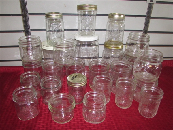 OVER 2 DOZEN BALL & KERR MASON JARS, WIDE MOUTH, SELF SEALING, QUILTED JELLY & MORE PLUS LABELS