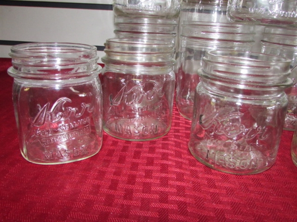 OVER 2 DOZEN BALL & KERR MASON JARS, WIDE MOUTH, SELF SEALING, QUILTED JELLY & MORE PLUS LABELS