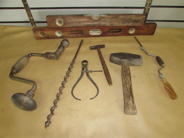 COOL VINTAGE TOOL LOT!  TWO WOOD LEVELS, 2 BLACKSMITH HAMMERS, CALIPERS, HAND DRILLS & MORE