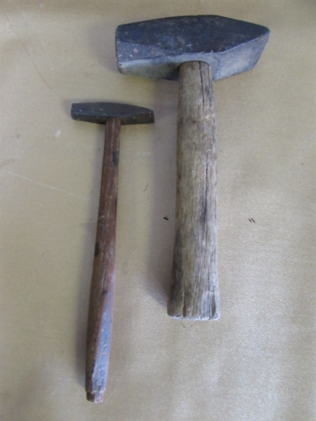 COOL VINTAGE TOOL LOT!  TWO WOOD LEVELS, 2 BLACKSMITH HAMMERS, CALIPERS, HAND DRILLS & MORE
