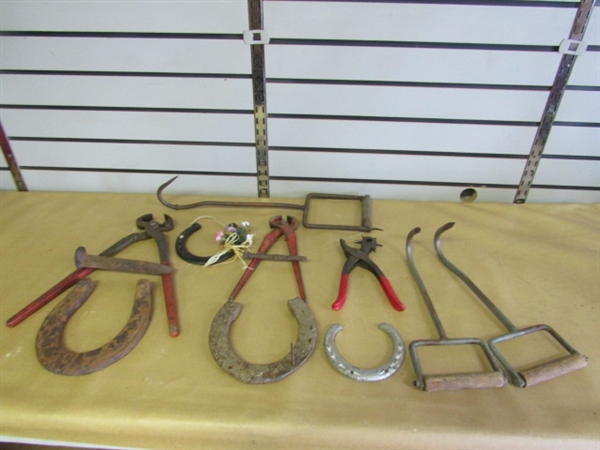 THINGS FOUND AROUND THE BARN!! LEATHER PUNCH, HAY HOOKS, RUSTIC HORSESHOES, HOOF NIPPERS & MORE