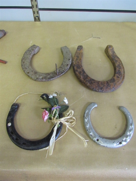 THINGS FOUND AROUND THE BARN!! LEATHER PUNCH, HAY HOOKS, RUSTIC HORSESHOES, HOOF NIPPERS & MORE
