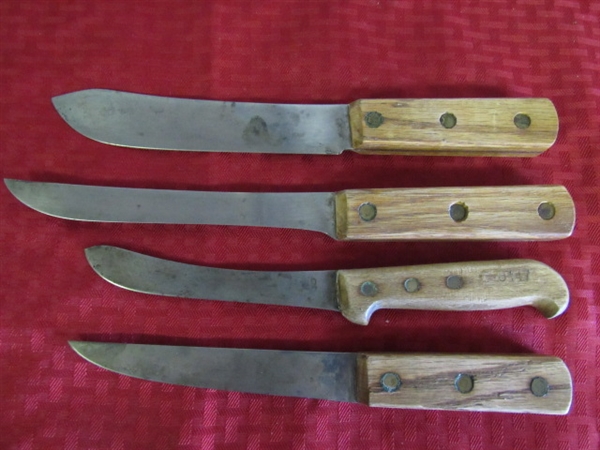 FOUR FULL TANG VINTAGE KNIVES WITH OAK HANDLES - GOOD QUALITY