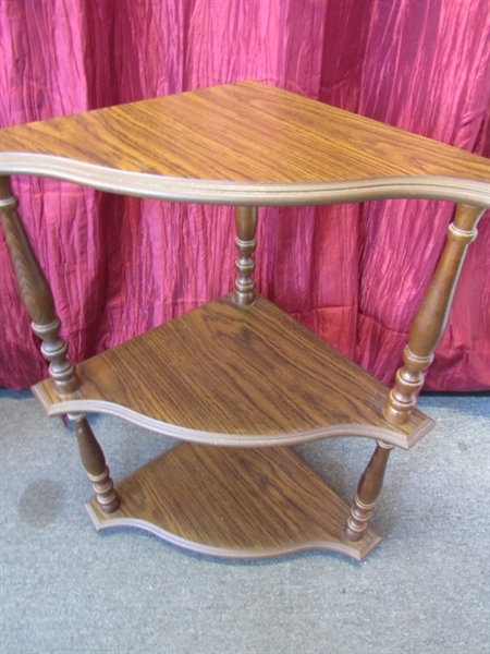 CUTE CORNER TABLE WITH SPINDLE SUPPORTS & 2 SHELVES