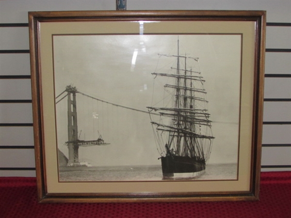 FASCINATING PHOTO PRINT OF GOLDEN GATE BRIDGE UNDER CONSTRUCTION WITH SHIP SAILING PAST