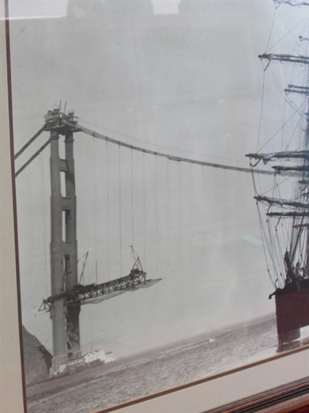 FASCINATING PHOTO PRINT OF GOLDEN GATE BRIDGE UNDER CONSTRUCTION WITH SHIP SAILING PAST