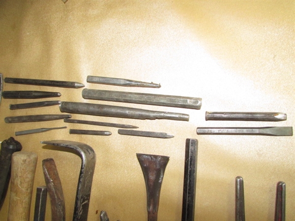 VINTAGE METAL PARK TOOL BOX, PIPE WRENCHES, COPPER TUBING TOOLS, PUNCHES, CHISELS & MORE