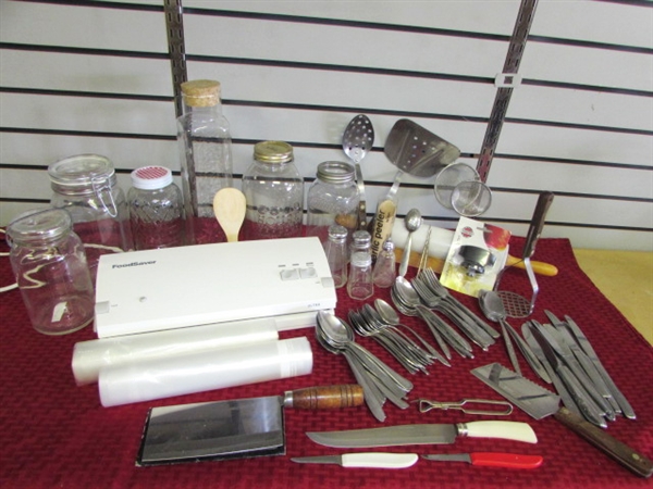 KITCHEN UTENSILS, FLATWARE, CANISTERS, MARBLE ROLLING PIN W/ STAND, FOOD SAVER & MORE