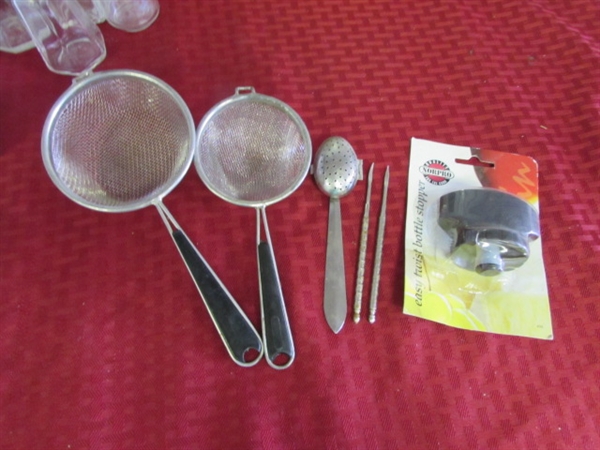 KITCHEN UTENSILS, FLATWARE, CANISTERS, MARBLE ROLLING PIN W/ STAND, FOOD SAVER & MORE
