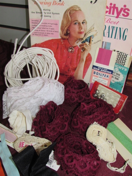 SEW MUCH SEWING STUFF!  BUTTON COLLECTION, BIAS TRIM, LACE, FABRIC, SEWING KIT, 1958 SIMPLICITY BOOK & MORE