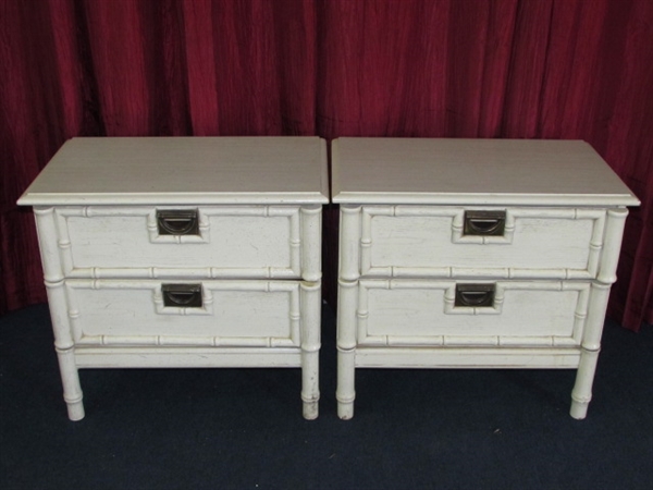 TWO WHITE NIGHT STANDS WITH BAMBOO ACCENT FRONTS & LEGS.
